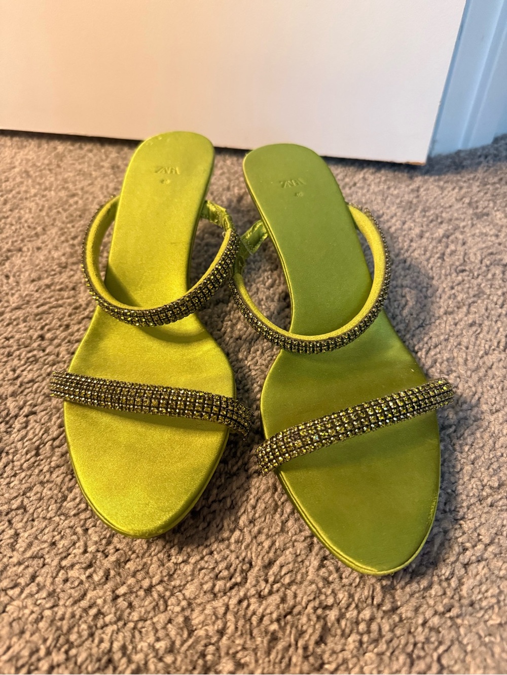 Zara Chartreuse Satin Crystal-Embellished Slide Mules